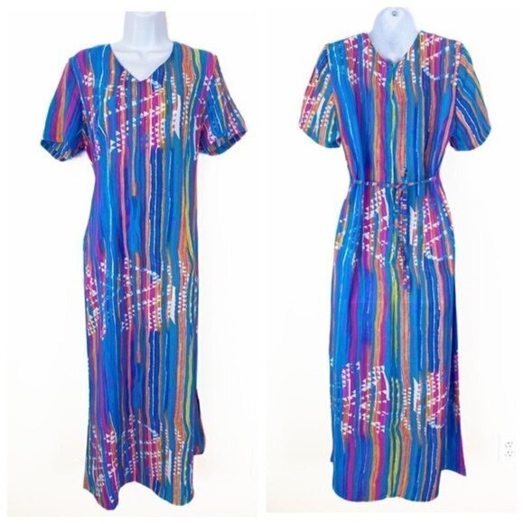 VINTAGE 80s STOCK OPTIONS Bohemian Retro MIDI Dress Lightweight Abstract Blue Lg - Picture 2 of 7